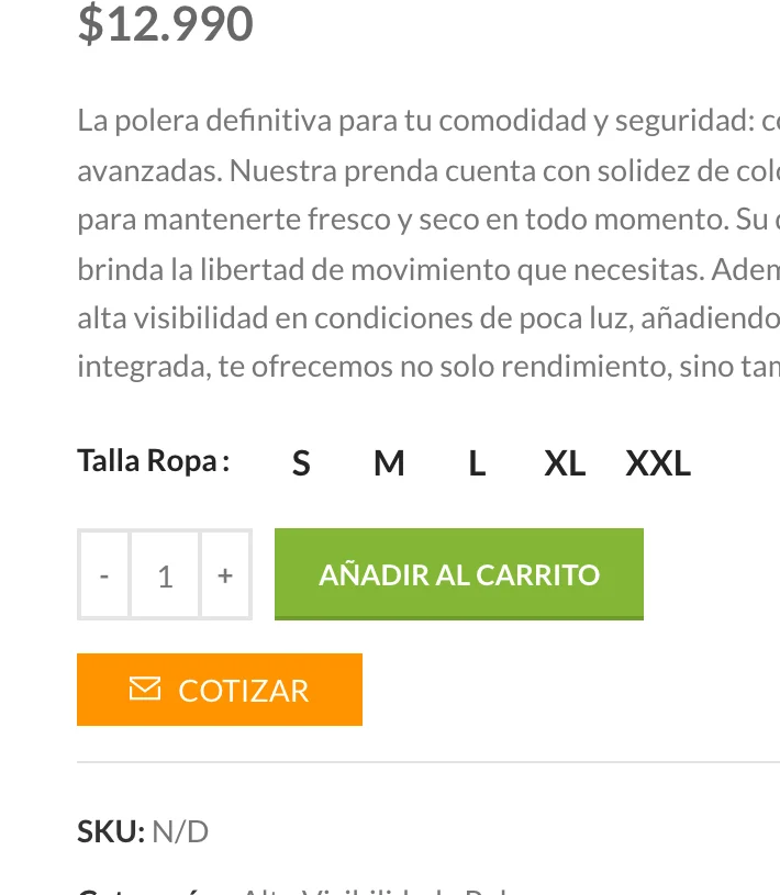 Ficha de producto actual: botón Añadir al carrito y botón Cotizar, uno debajo del otro, con SKU: N/D
