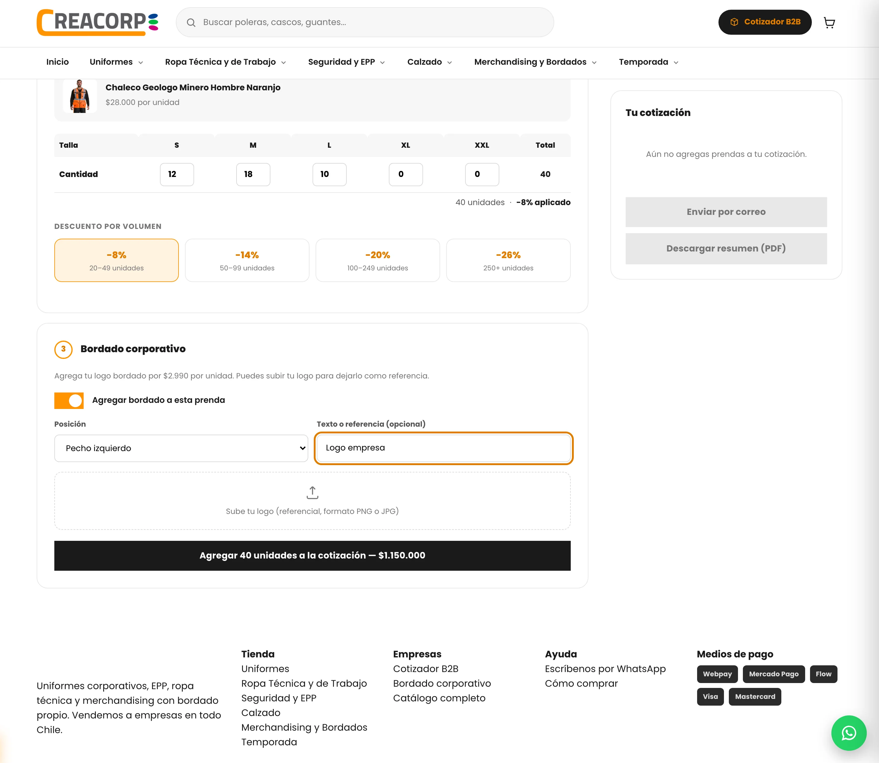 Cotizador B2B: matriz de tallas, tramos de descuento y bordado corporativo configurado